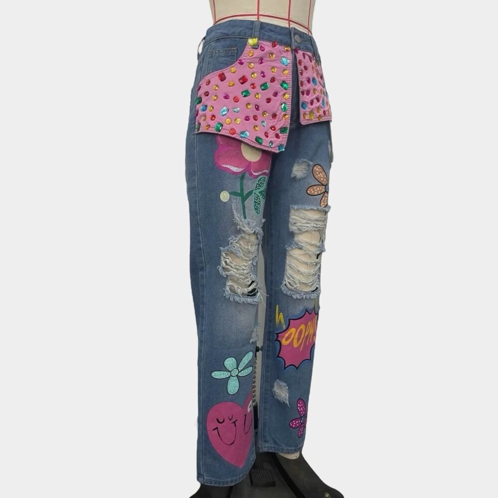 Women Ripped Jeans Straight Cut Boyfriend Size M Rhinestones Multicolor Prints - Picture 3 of 14